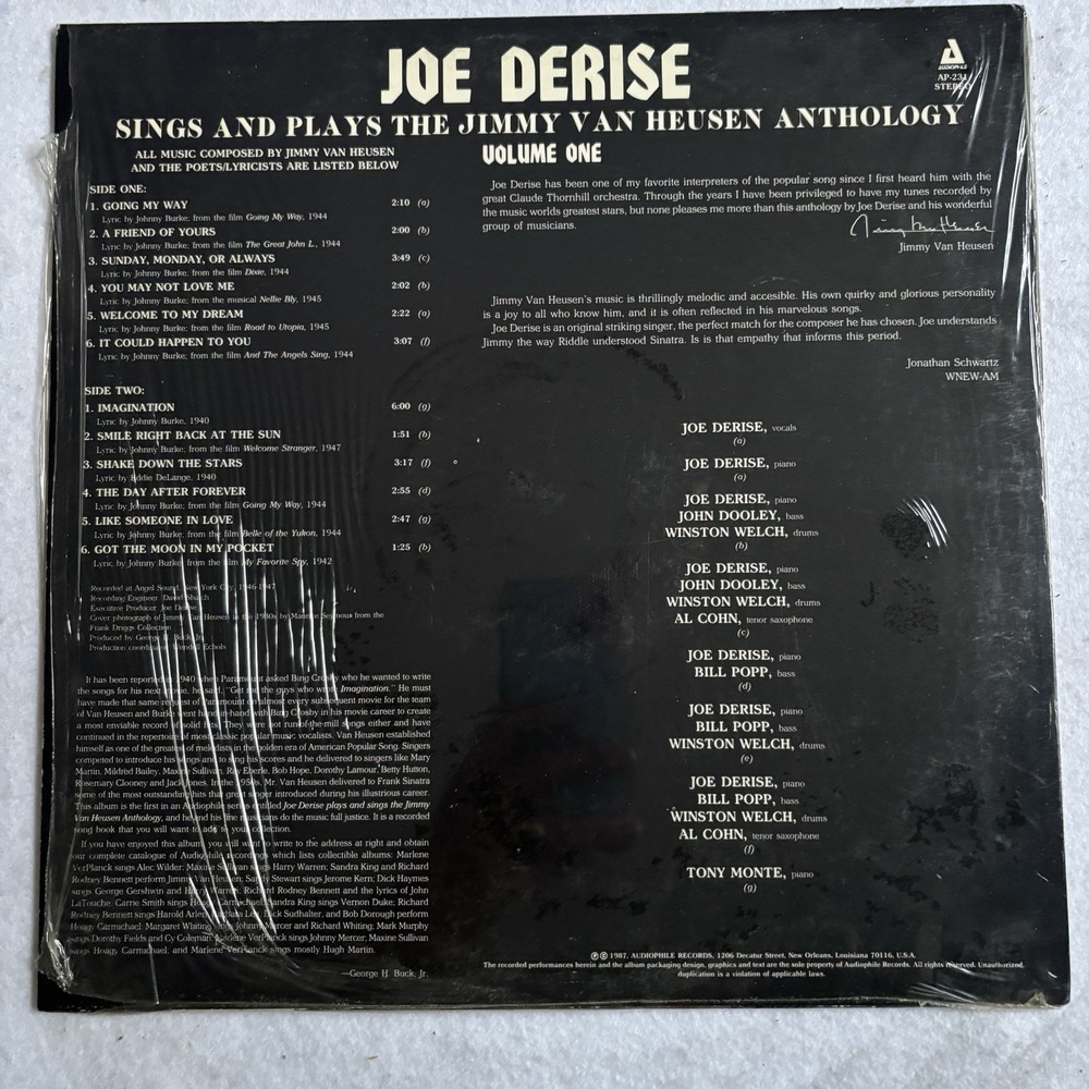 Joe Derise Jazz LP Jimmy Van Heusen Anthology Vol 1 Audiophile AP-231 Stereo - Picture 2 of 4